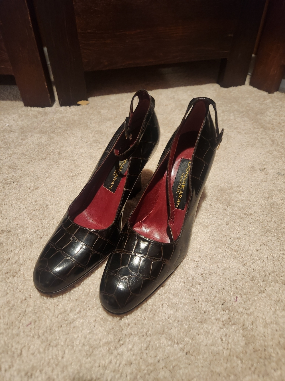 Donna Karan Black Croc-Embossed Slingback Pumps with Red Insole